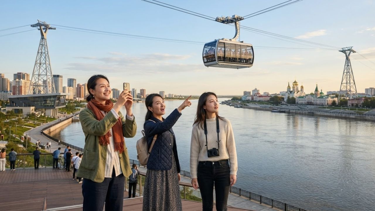A sleek silver passenger cable car cabin gliding high above a wide river dividing two city skylines.