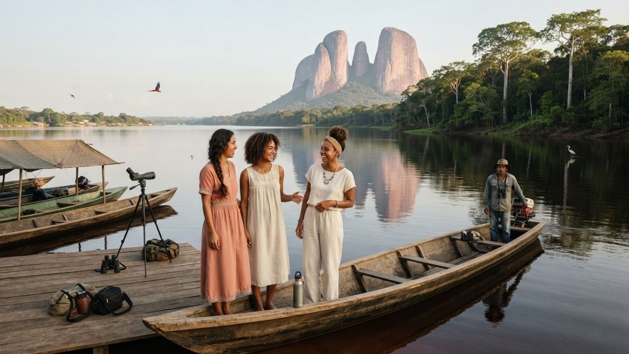 A scenic river landscape with local passenger craft and dense jungle foliage in Guainía, Colombia.