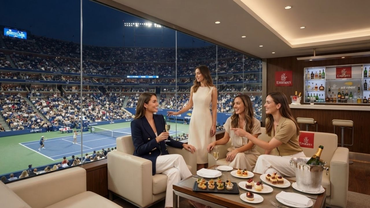 A view of a luxury stadium hospitality lounge overlooking a grand tennis court.