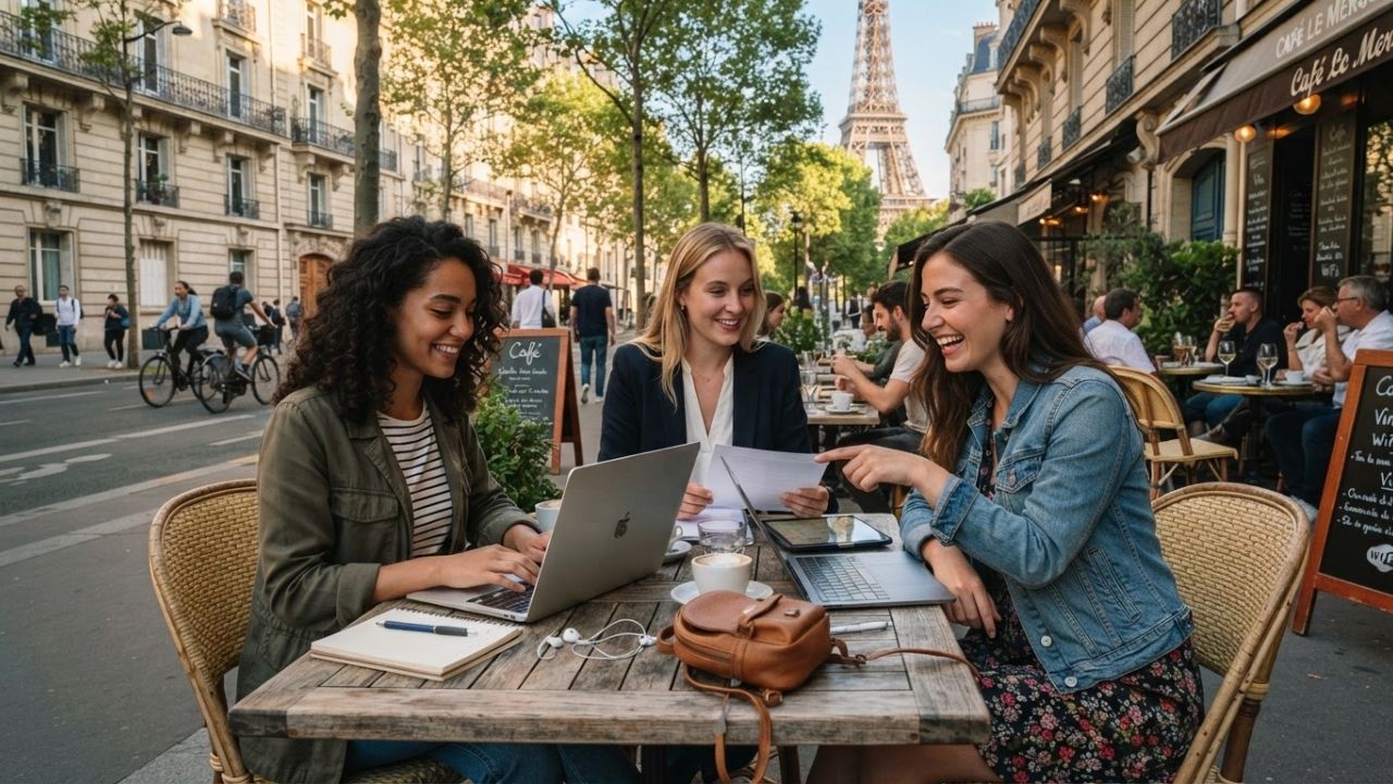 A digital nomad working on a laptop at an outdoor cafe table with a scenic European city street in the background