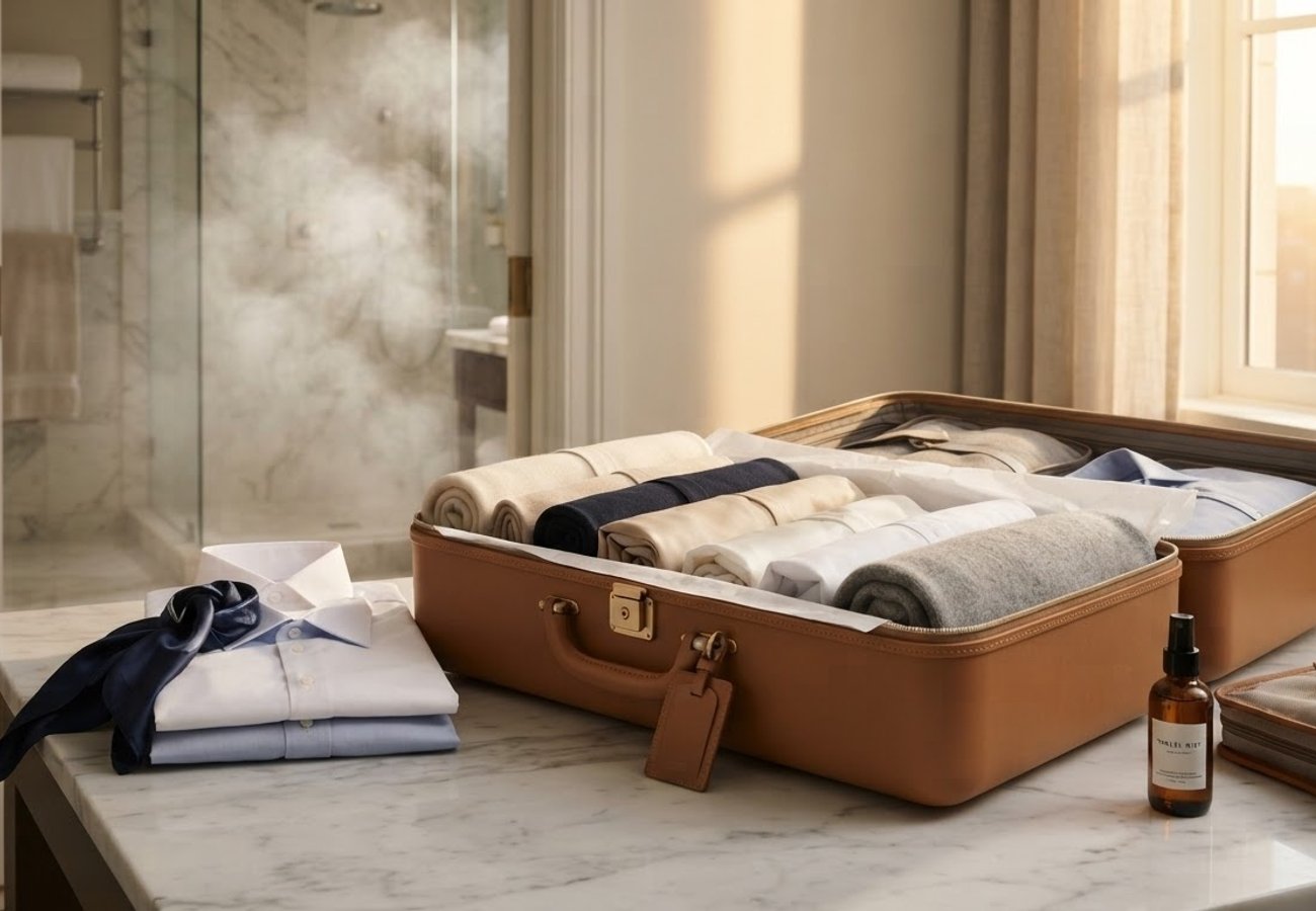 Neatly packed travel suitcase with rolled clothing and packing cubes