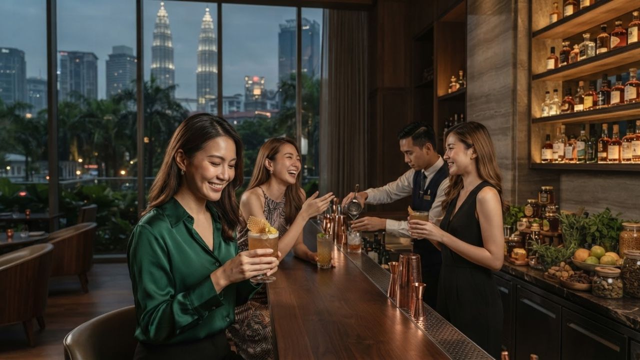 A professional bartender pouring a honey-based cocktail at Bar Trigona in Kuala Lumpur