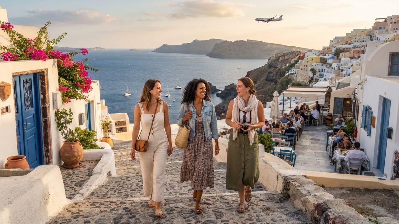Scenic white houses and blue domes of Oia village in Santorini overlooking the Aegean Sea