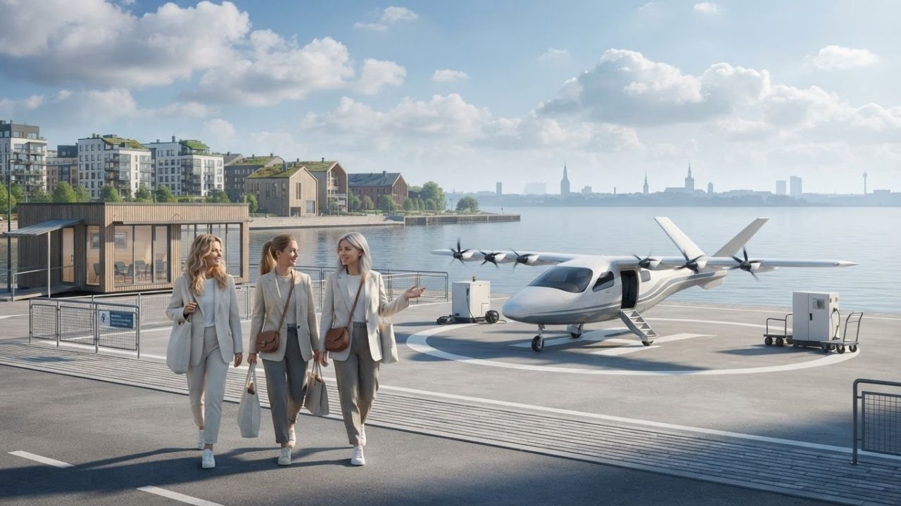 A sleek next-generation electric passenger aircraft taking off from a compact runway near a northern European city.