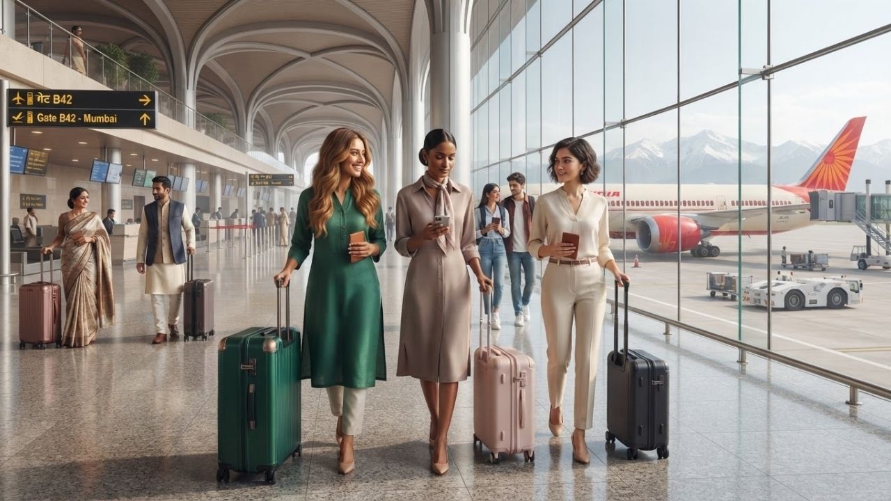 A collection of premium modern suitcases and backpacks inside a sleek Indian airport terminal.