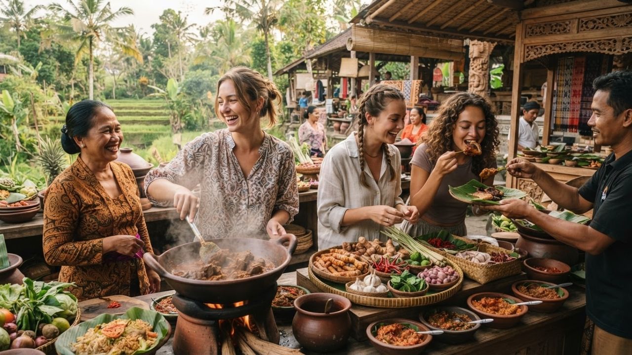 A colorful spread of traditional Indonesian dishes including satay, soto, and rice served on banana leaves.