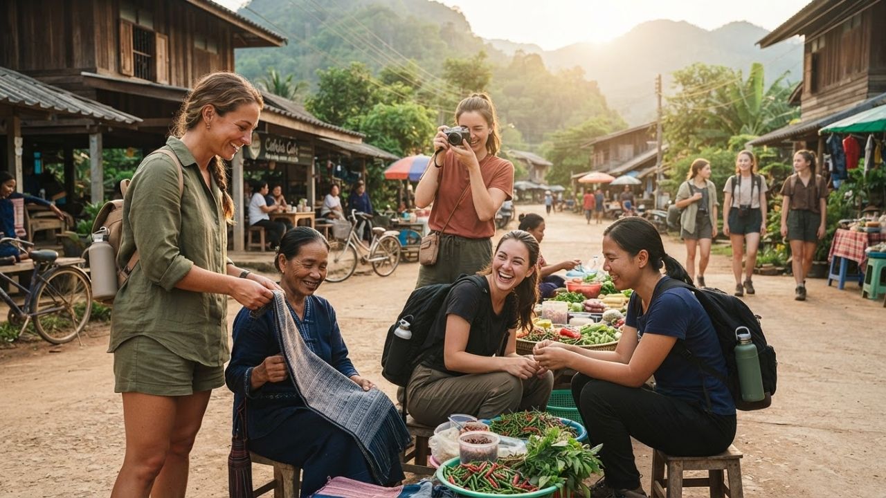 A group of young travelers hiking together in a scenic green valley led by a local guide.