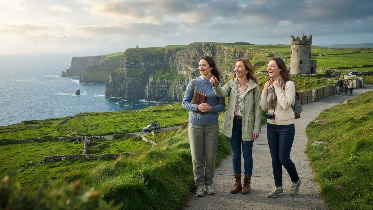 Scenic green cliffs overlooking the Atlantic Ocean in Ireland.