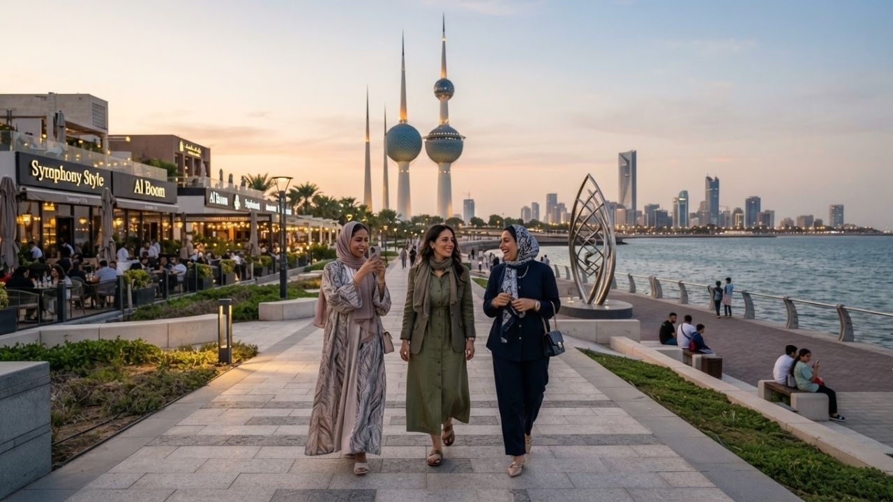 A scenic view of the modern Kuwait Towers overlooking the blue waters of the Arabian Gulf.