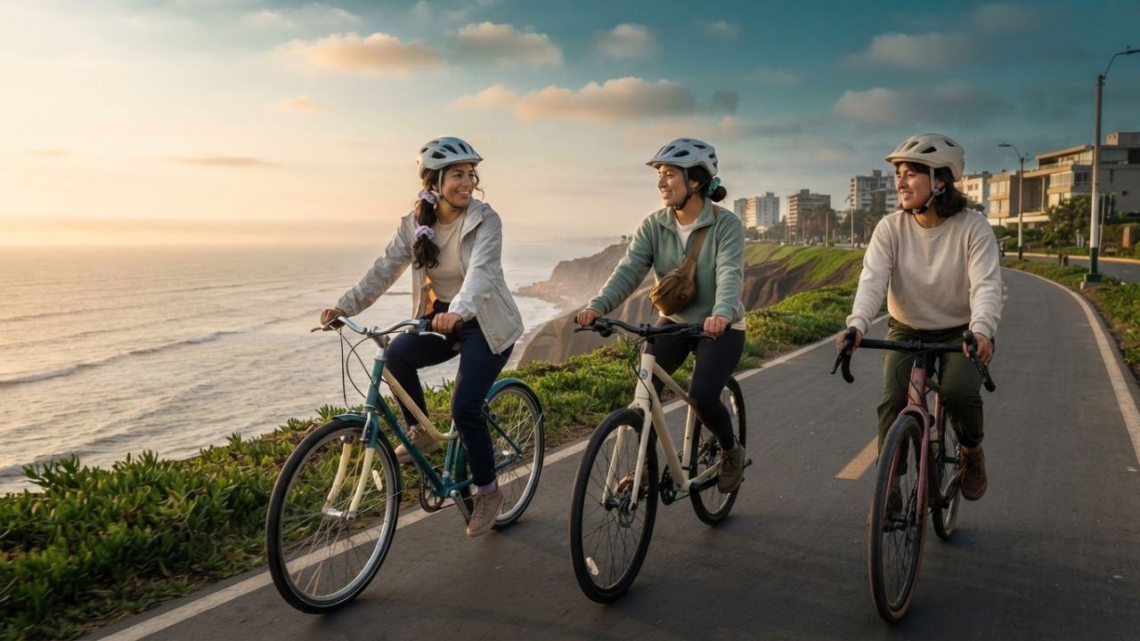 A traveler riding a bicycle along the coastal cliffs of Miraflores in Lima under sunny skies.
