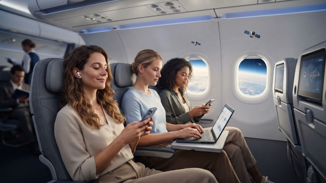 A passenger using a tablet inside a modern aircraft cabin next to a window.