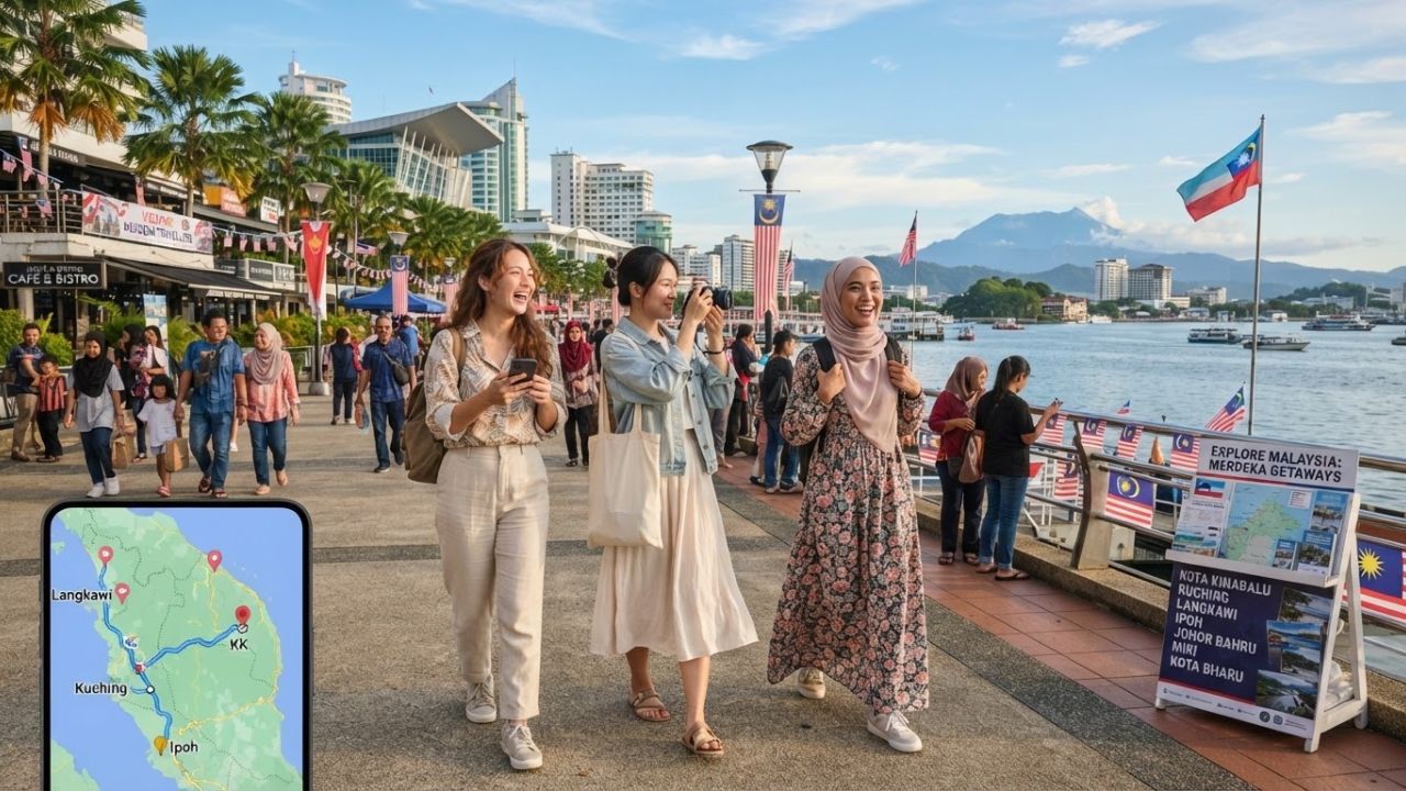 Modern cityscape of Kuala Lumpur and coastal views of Kota Kinabalu under a bright national holiday sky