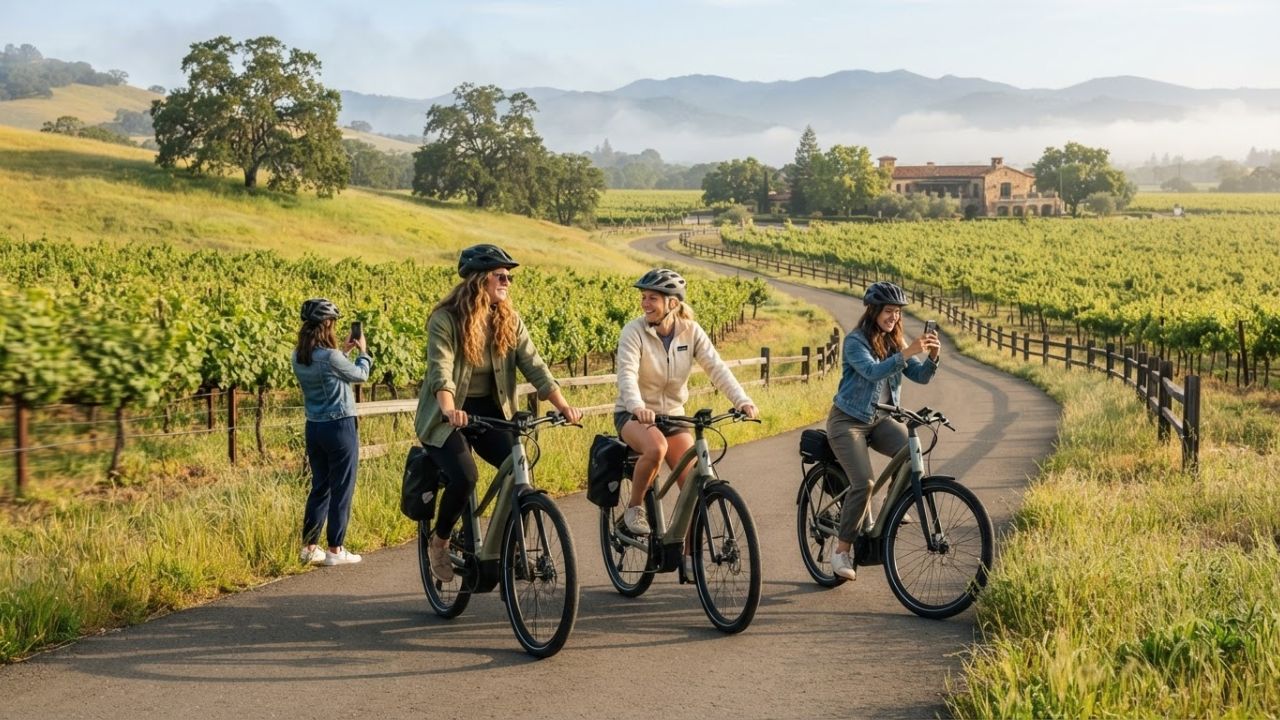 Electric bicycles parked along a paved bike path next to green vineyards under a sunny sky