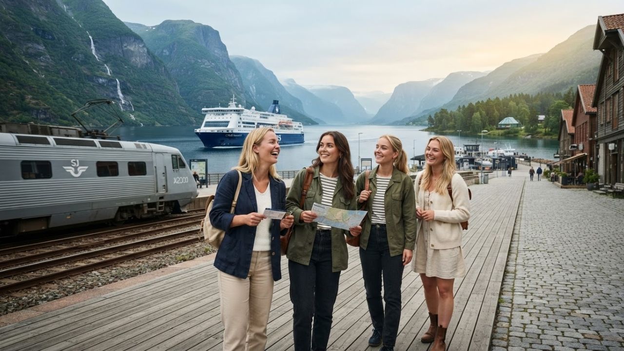 A high-speed train traveling through the lush green forests and lakes of Sweden.