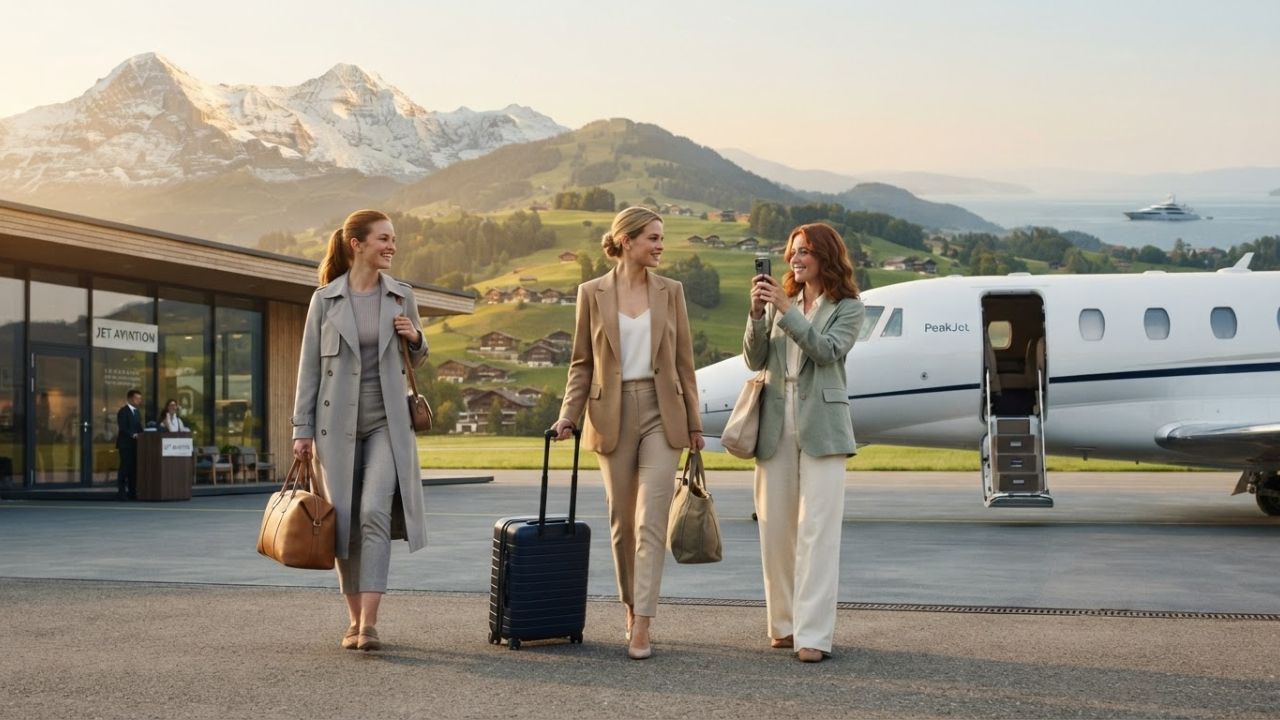 A sleek executive business jet parked on the tarmac at Zurich Airport ready for a flight to the Mediterranean.