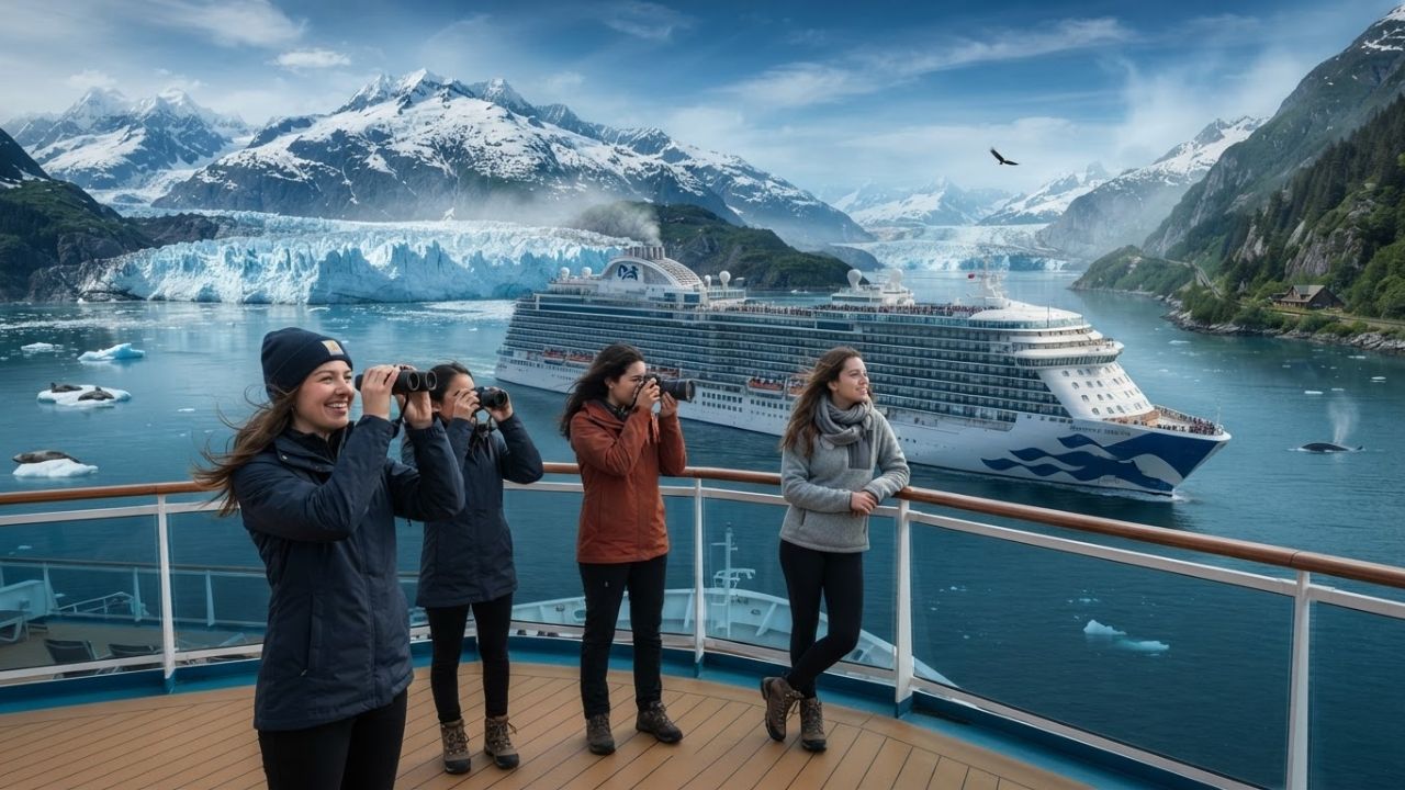 A large white cruise ship navigating near a massive blue glacier wall.