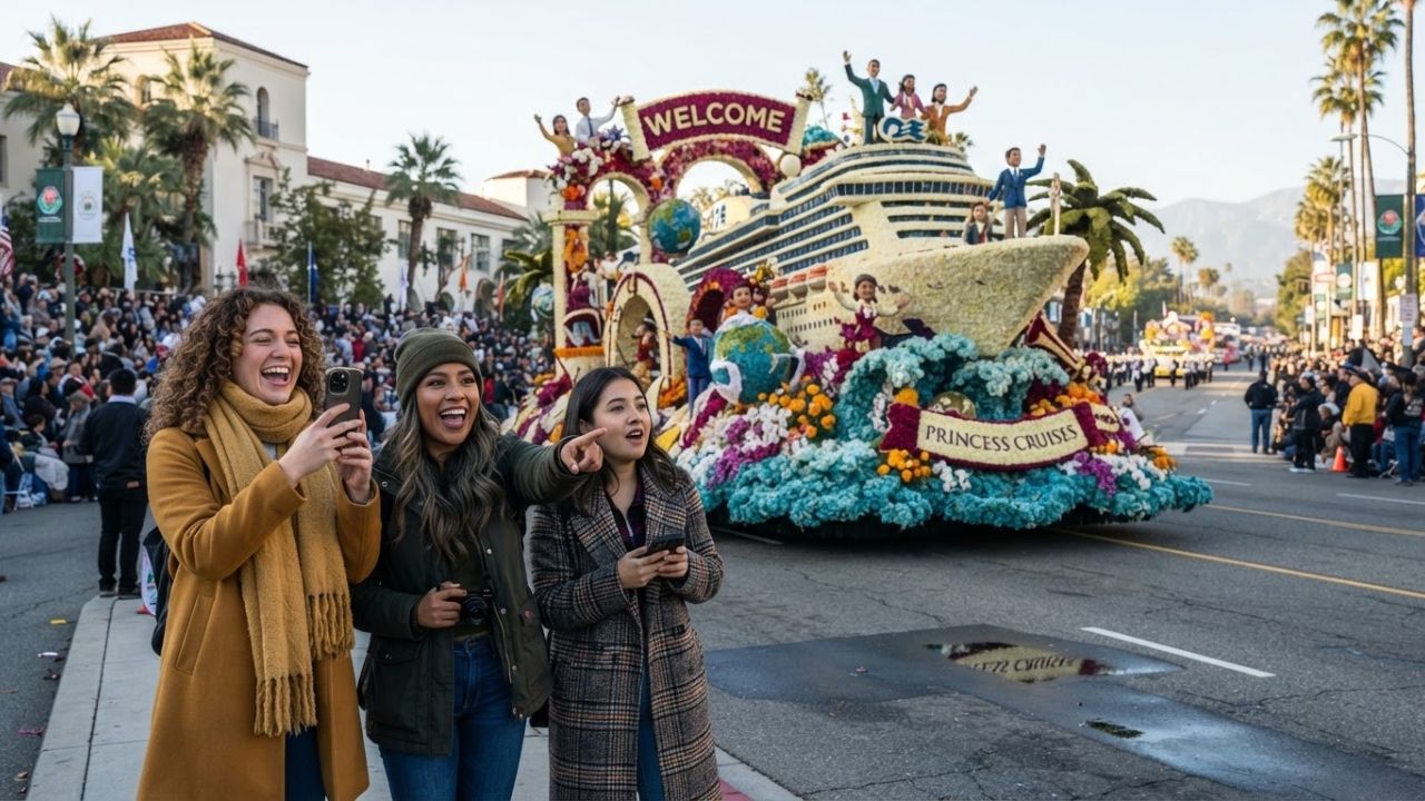 A giant colorful floral float depicting a cruise ship decorated with thousands of roses on a city street.
