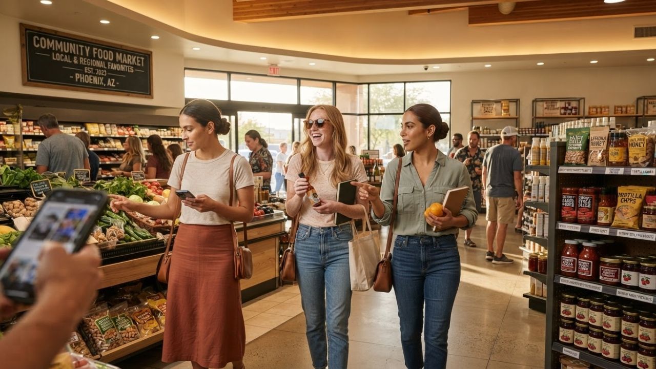 A lively local grocery store aisle filled with fresh produce and artisanal foods.