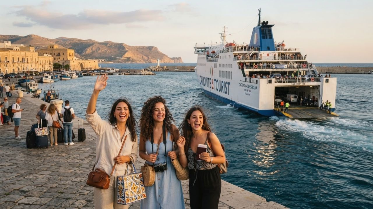 A modern large white Ro-PAX ferry sailing on the deep blue waters of the Mediterranean Sea under a clear sky