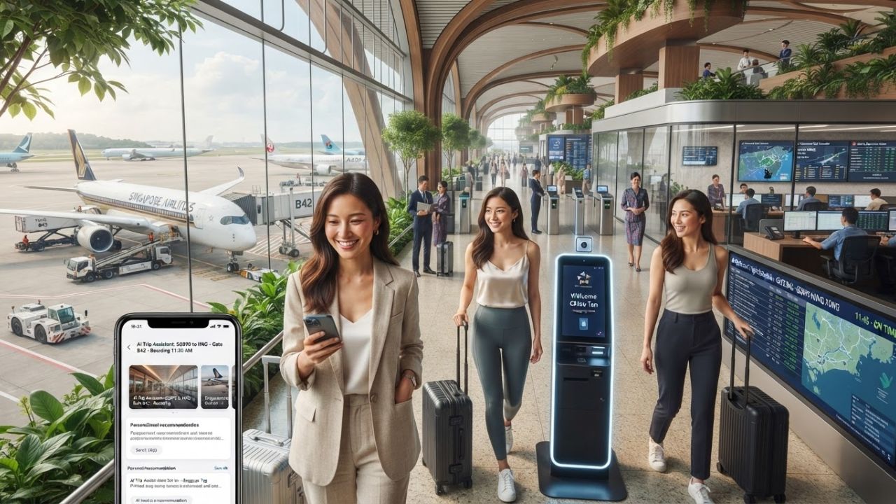 A traveler going through a biometric facial recognition gate in a high-tech airport terminal