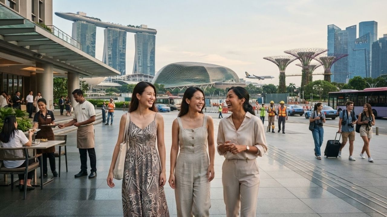 A scenic view of the modern Jewel Changi Airport and indoor forest waterfall in Singapore.