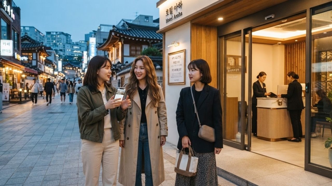 A vibrant street scene in Seoul, South Korea, with illuminated storefronts and pedestrians.
