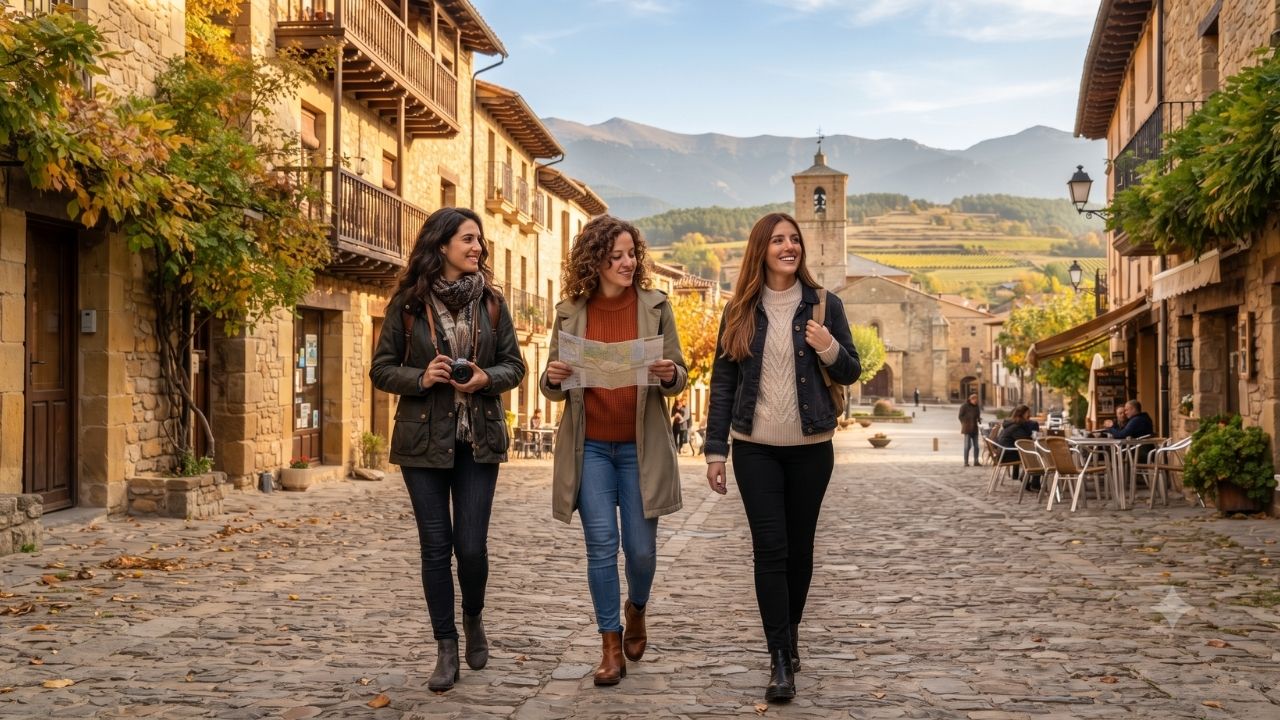 A scenic stone street lined with historic architecture and autumn leaves in a Spanish village.