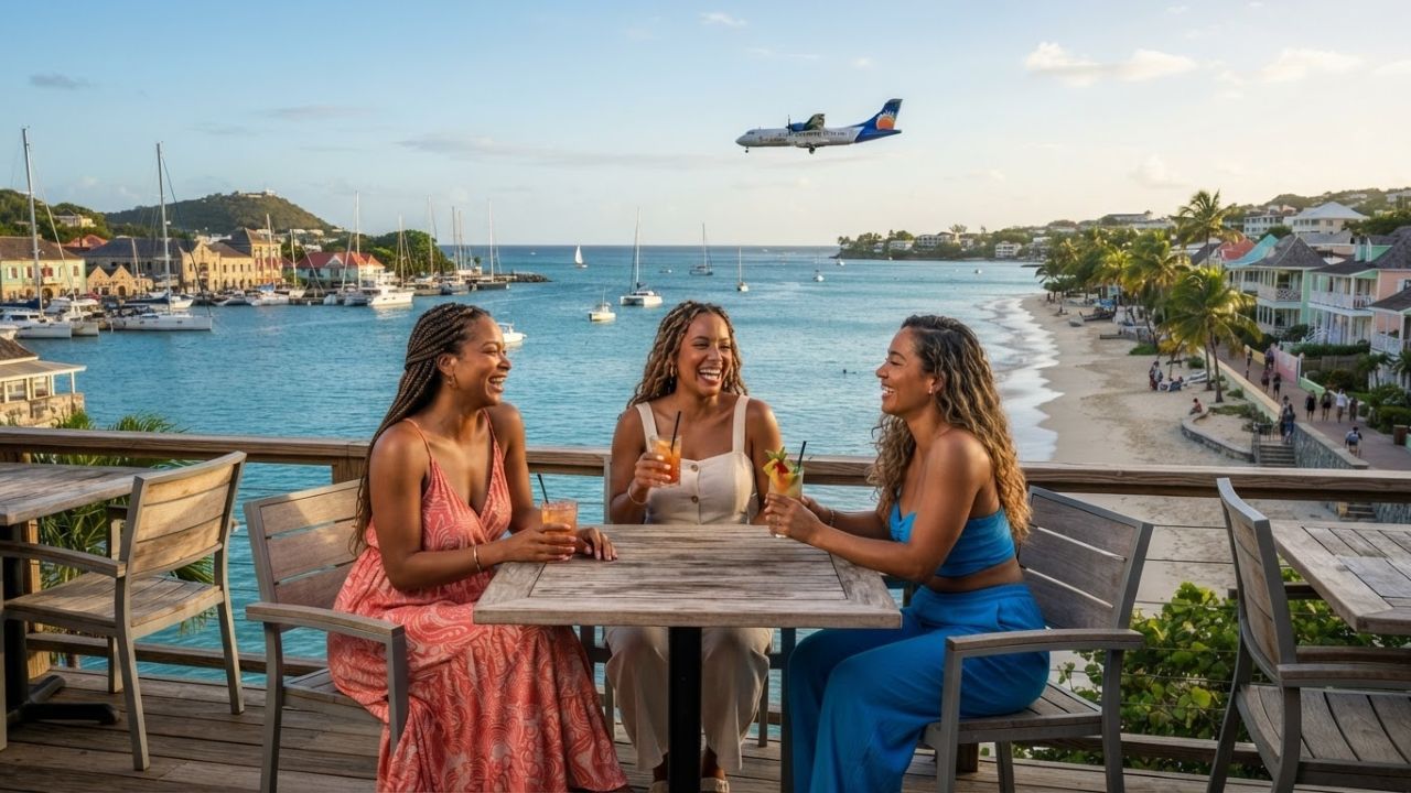 A passenger airplane flying above turquoise Caribbean waters past sandy island coastlines.