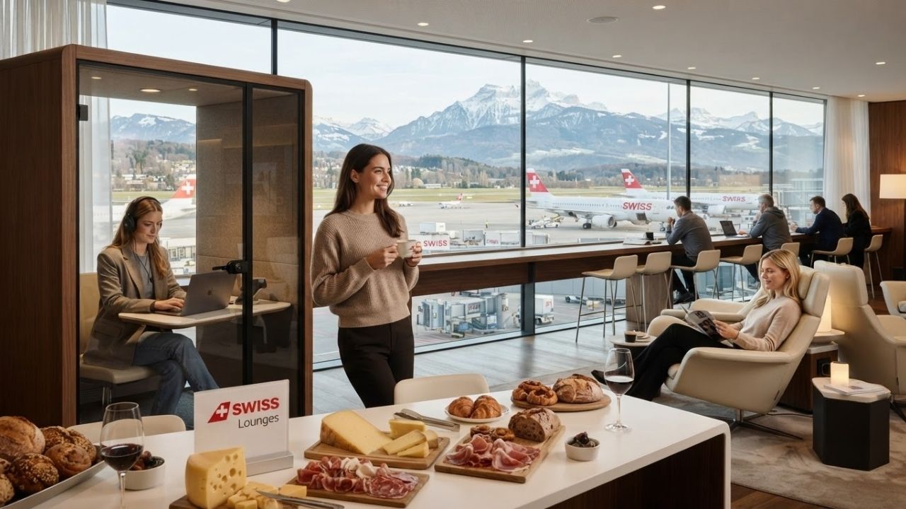 A spacious modern airport lounge with full-height panoramic glass windows overlooking airport runways.