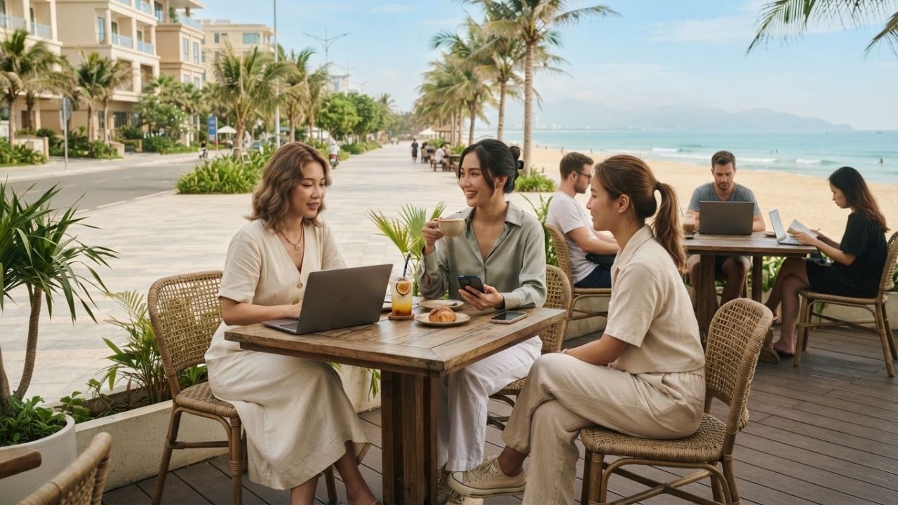 A digital nomad working on a laptop at an outdoor cafe overlooking a tropical beach.
