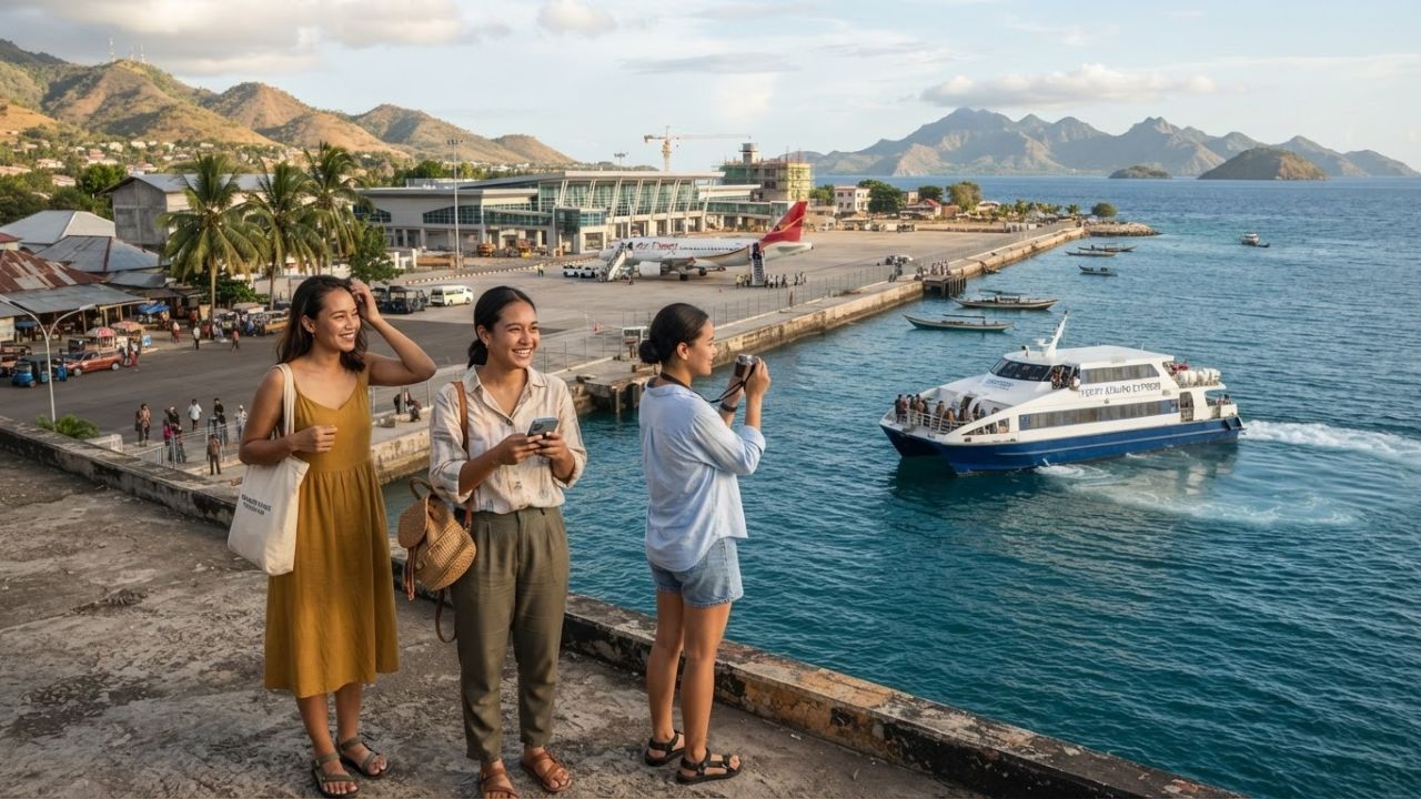 A passenger ferry sailing on calm blue waters towards the rugged green mountains of Atauro Island, Timor-Leste