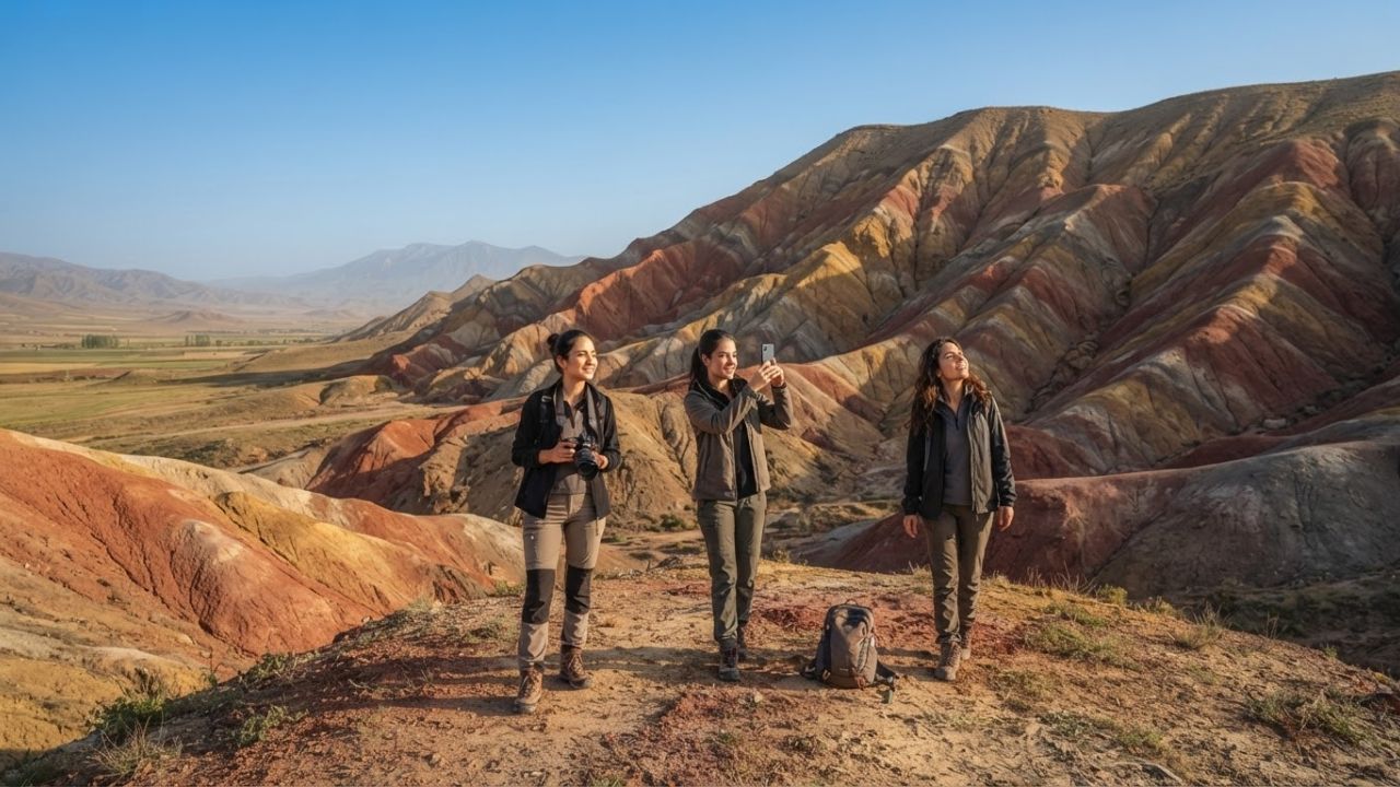 Scenic view of the colorful Rainbow Hills of Tuzluca with deep red and yellow soil bands.