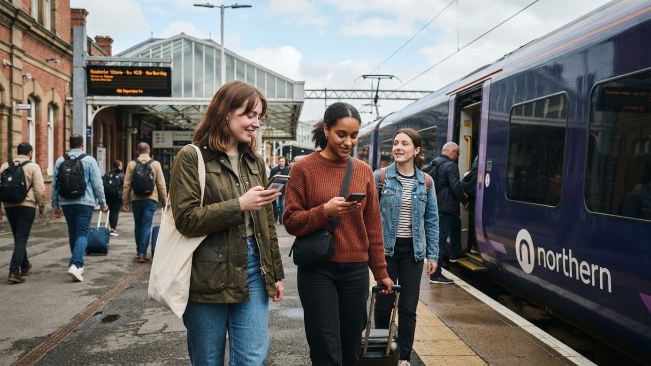 A passenger scanning a mobile smartphone at a UK train station ticket gate.