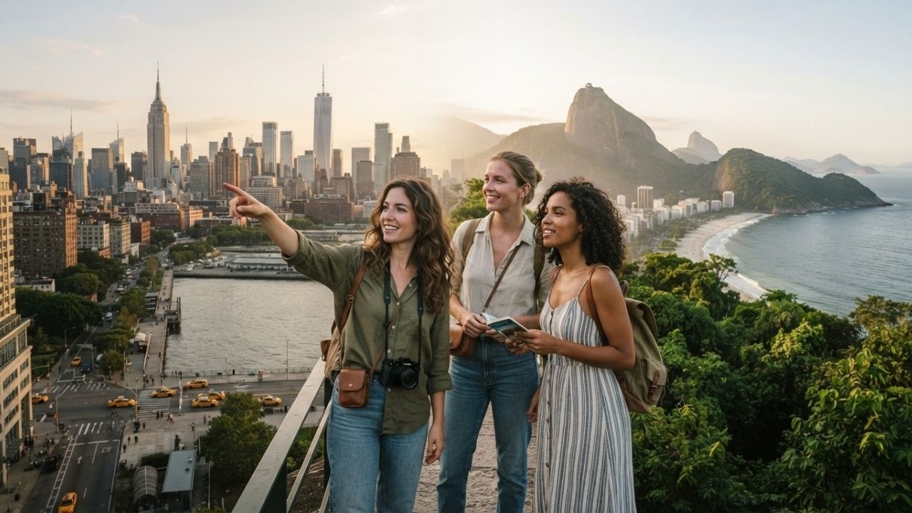 A scenic split view showing a US national park and the Amazon rainforest, illustrating transatlantic travel choices.