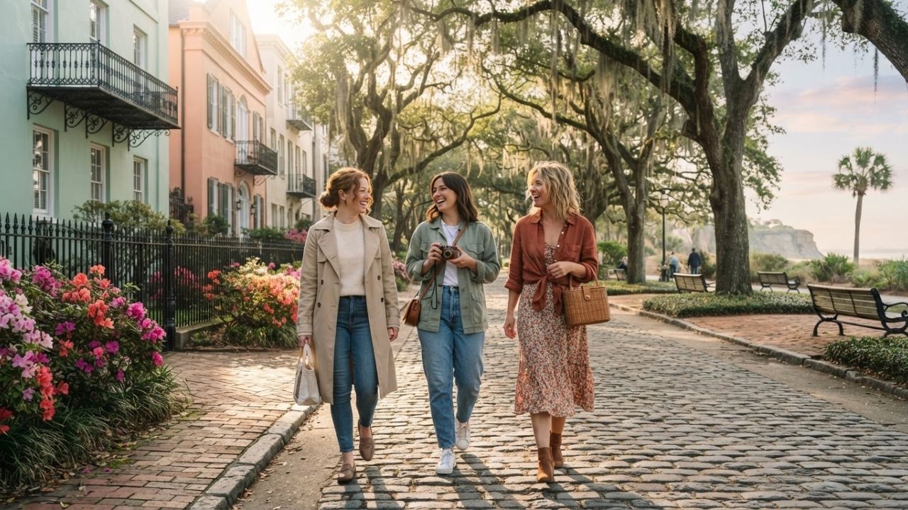 A quiet walking path through a park draped in Spanish moss in Savannah during early spring.