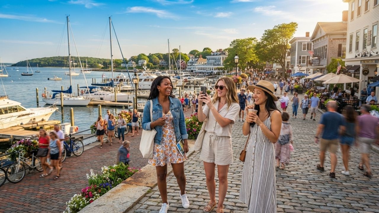 A scenic view of a coastal beach town with travelers walking along the boardwalk under clear skies.