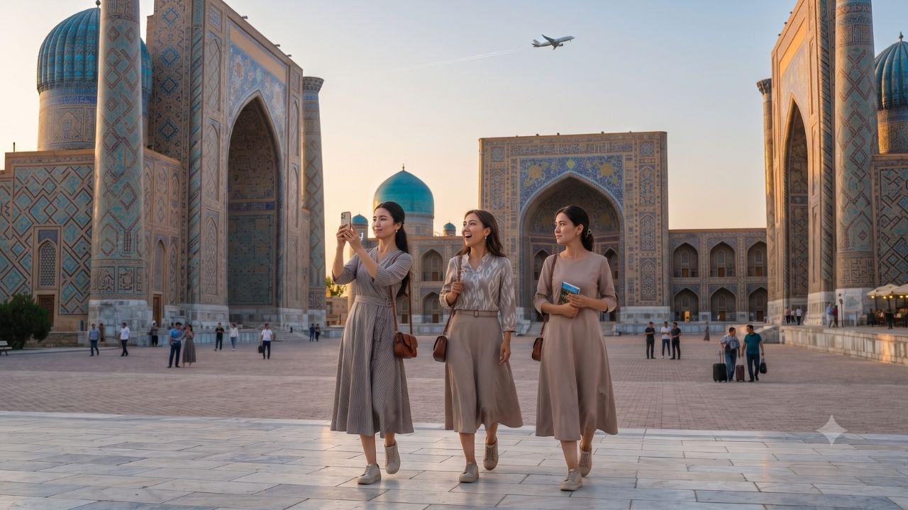 The grand Registan square in Samarkand, Uzbekistan, showcasing ornate blue-tiled Islamic architecture.