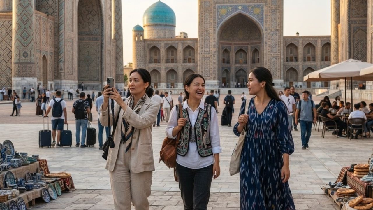 A traveler walking through the ancient blue-tiled arches of Registan Square in Samarkand, Uzbekistan.