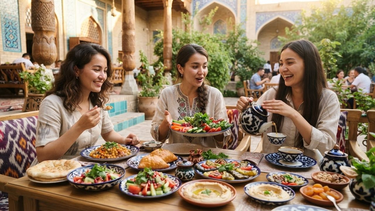 A photorealistic rendering of a dining table in Tashkent showing plant-based Uzbek dishes prepared with fresh vegetables and herbs.