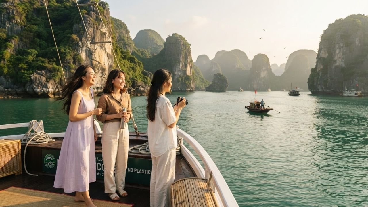 A photorealistic rendering of limestone islands in Ha Long Bay with eco-friendly cruise ships navigating the clear green waters.