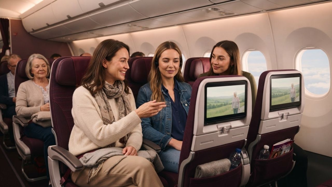 A passenger viewing a touch screen on the back of an airplane seat during a flight.