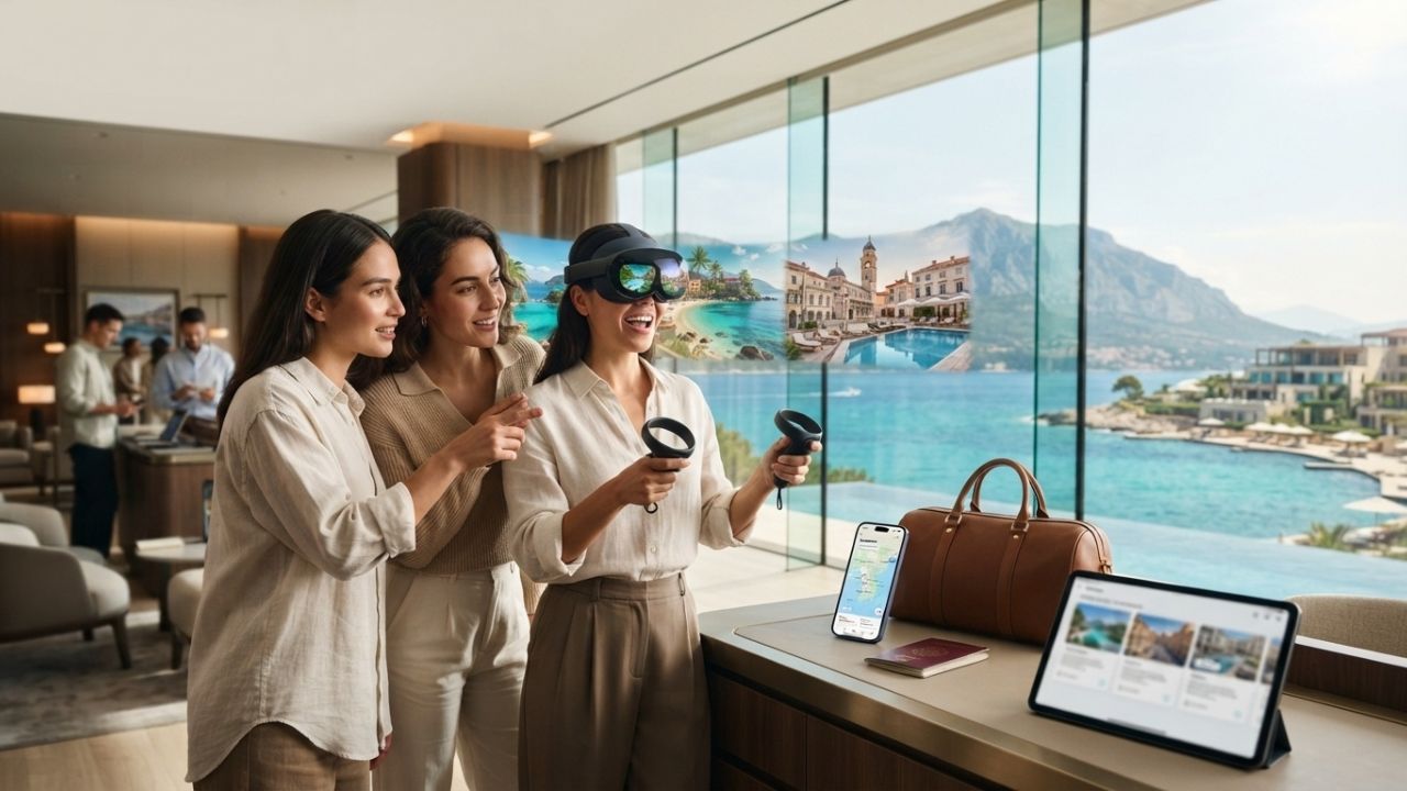 A traveler using a virtual reality headset to explore a sunny beach destination digitally.