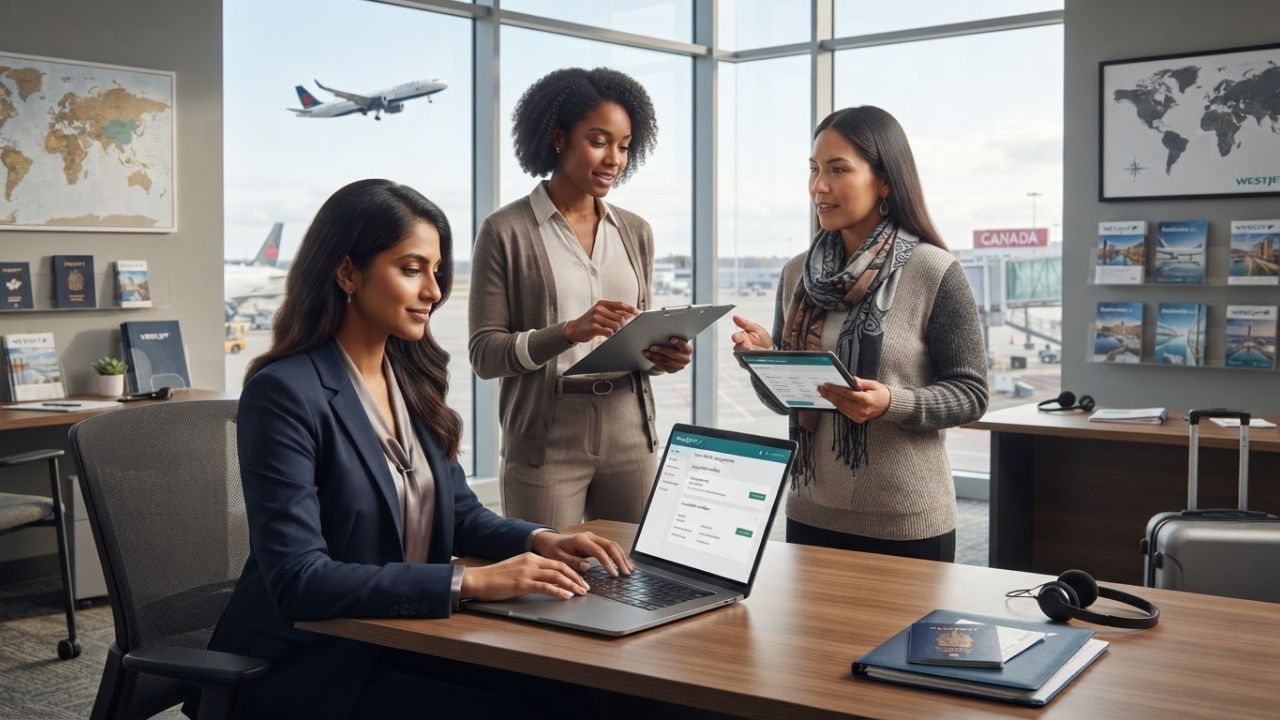 A travel professional working on a laptop in a modern agency office, managing digital itineraries