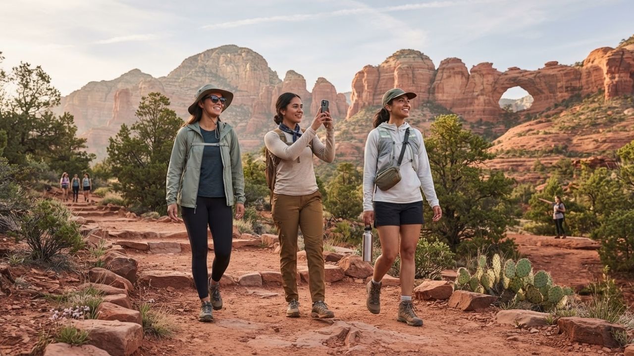 A group of female hikers smiling together on a scenic mountain trail in Utah.