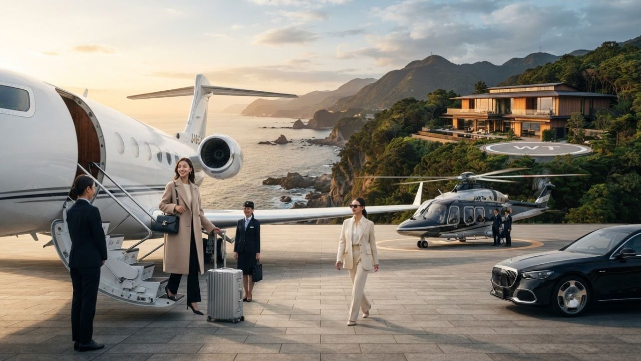 A sleek business jet and private charter helicopter parked next to each other on a tarmac during golden hour.