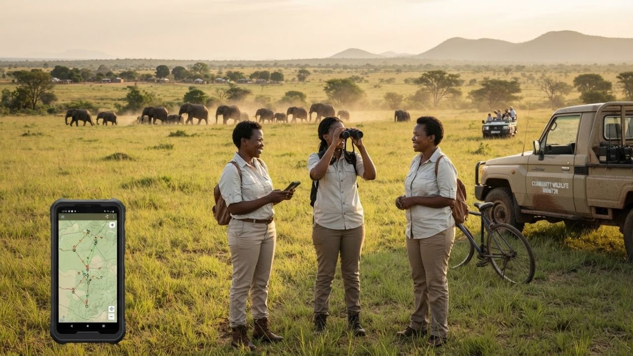 A herd of elephants walking near a high-tech solar-powered monitoring tower in Zimbabwe's Hwange National Park