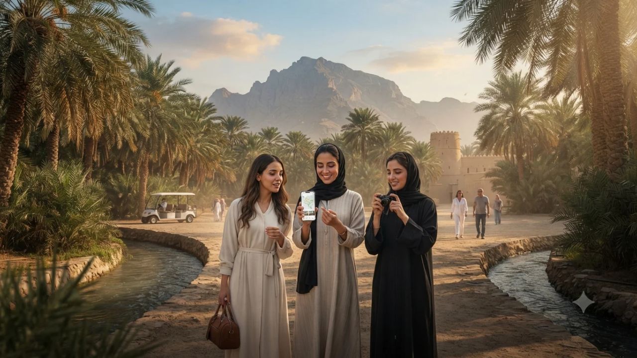 Ancient palm groves and traditional fort architecture in Al Ain oasis against the backdrop of Jebel Hafeet mountain