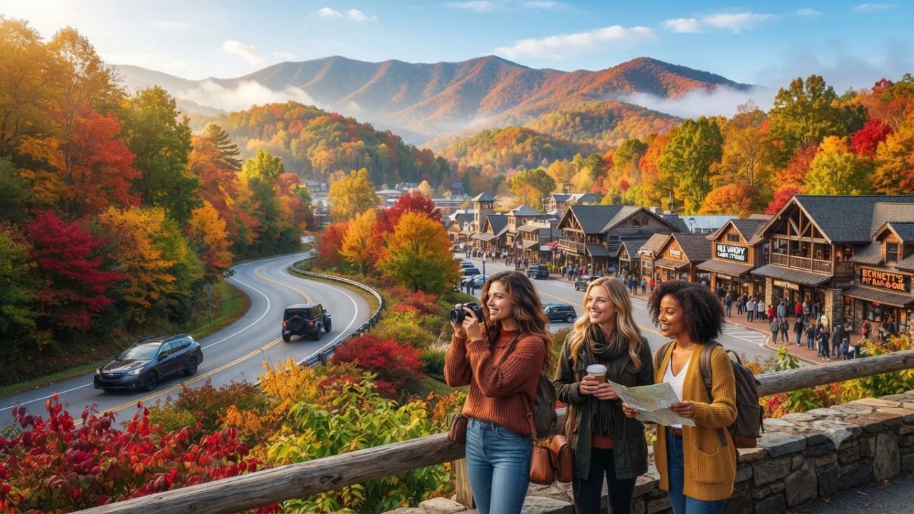 Scenic autumn road winding through colorful mountain forests with vibrant fall foliage