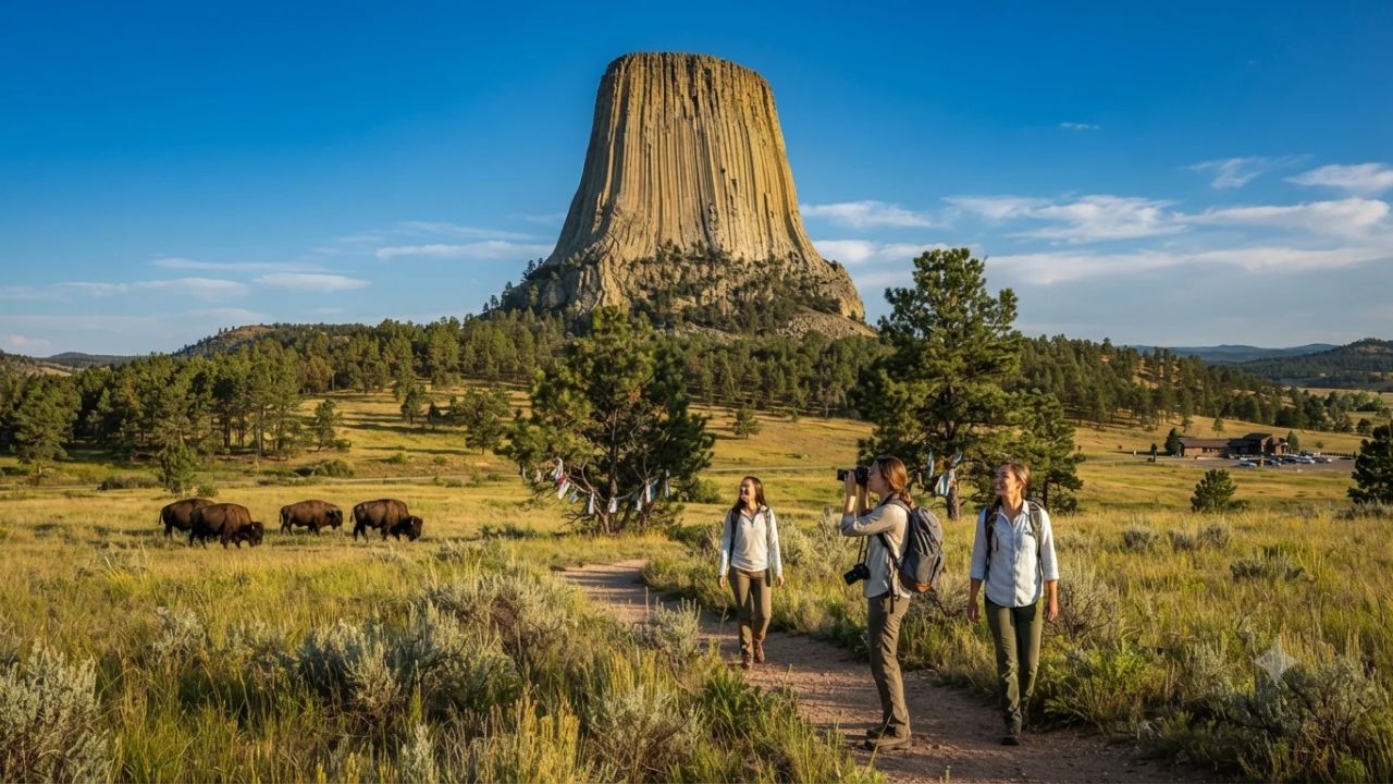 Striking columnar stone formation of Devils Tower rising above the Belle Fourche River in northeastern Wyoming