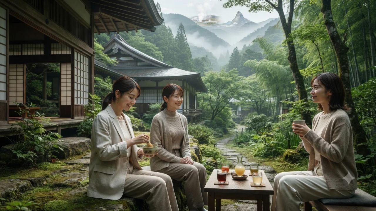 Serene mountain wellness retreat in autumn with guests participating in mindful outdoor tea ceremony